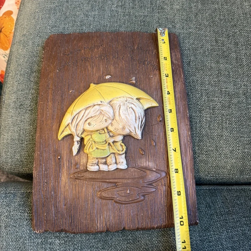 Vintage Handmade Friendship Wall Plaque Boy & Girl Under Yellow Umbrella